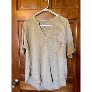 Pale Mustard Yellow Waffle Knit V-Neck Top